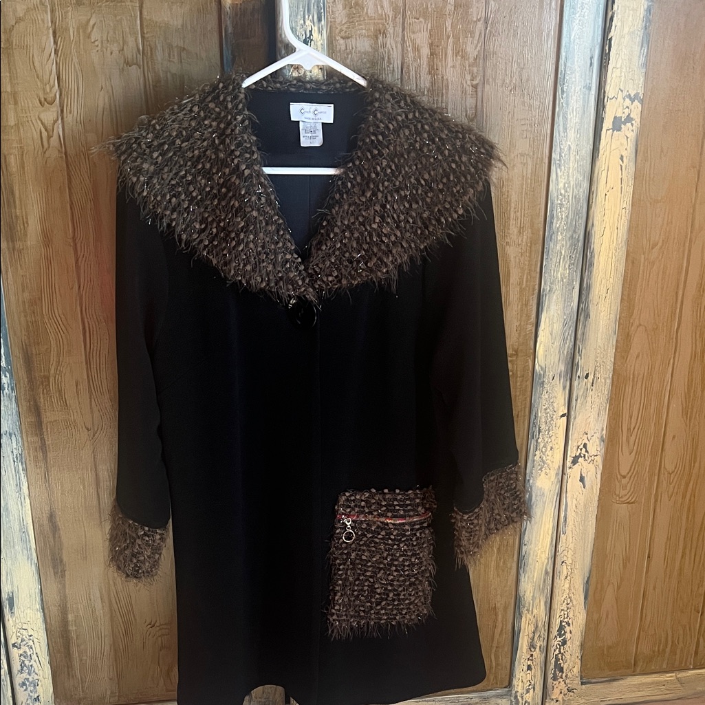 Chic Black Coat With Brown Textured Accents Including Silver Metallic Fringe